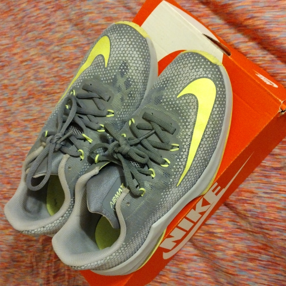 Nike Air Max Infuriate sneakers, size 7, gray and neon yellow